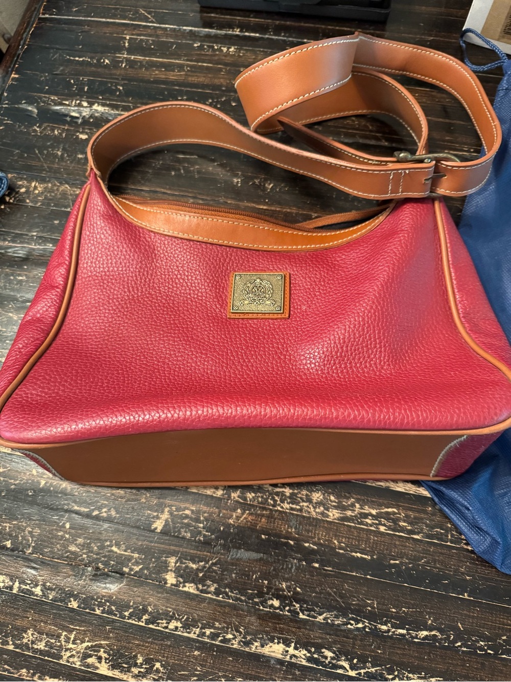 Medallion Red and Brown Leather Shoulder Bag with Gold Emblem